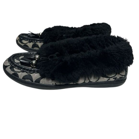 COACH Fiona Moccasins Logo Faux Fur Lined Fur Trim Slippers Flats Slippers On - Picture 1 of 11